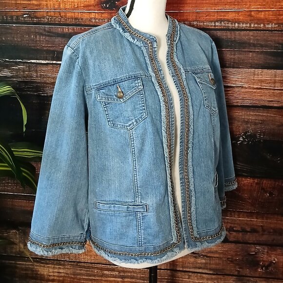Chico's Jean Jacket 2 Large Chauncey Chain Fringe Open Front Cropped 3/4 Sleeves - Picture 6 of 11